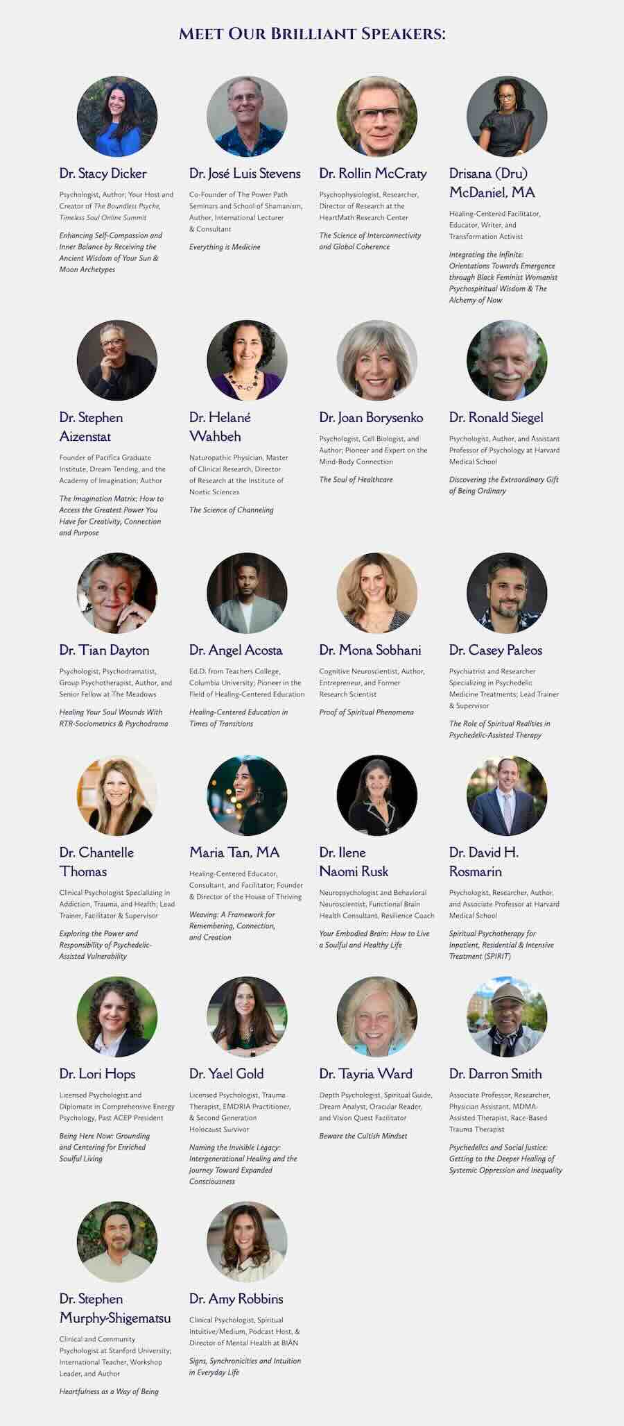 A list of the speakers with their headshots, name, profession, and interview title.