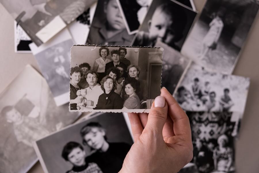 BAKU, AZERBAIJAN-June 18, 2024. Printed vintage antique black and white retro photos. Memories and nostalgia