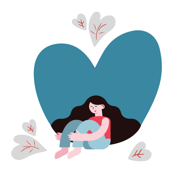 An illustration of a young girl sitting inside of a heart shape and clutching her legs.