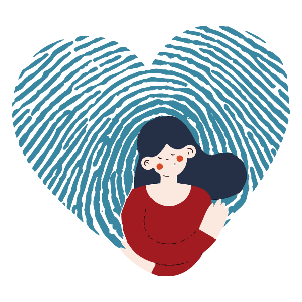 Illustration of woman in a heart-shaped fingerprint.