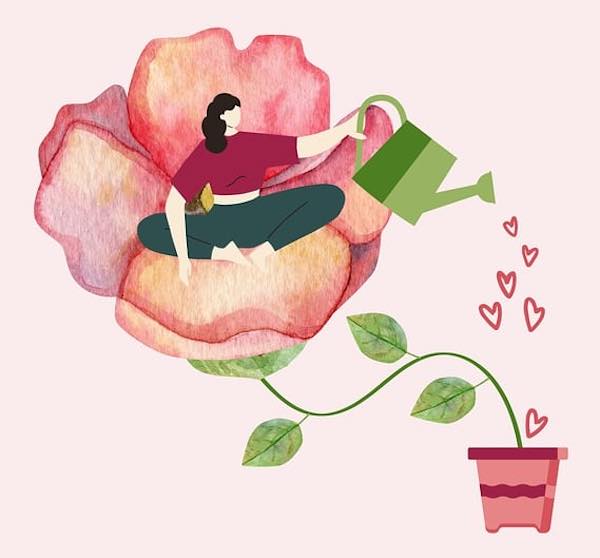 An illustration of a woman sitting in a flower and watering the pot.